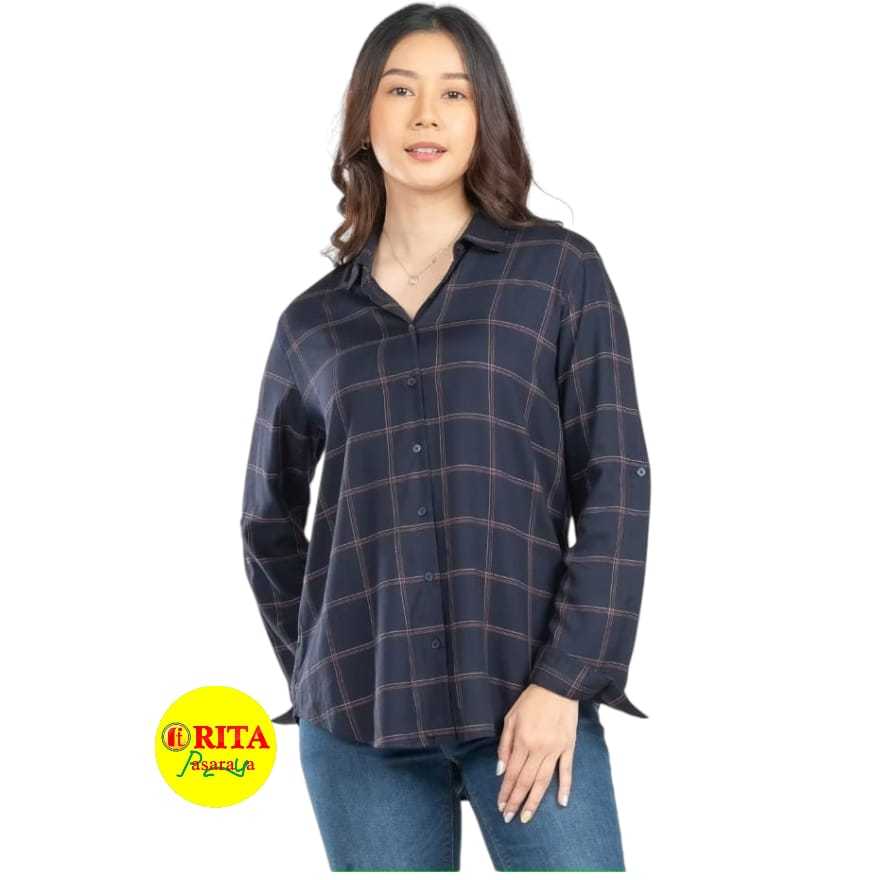 C2 Woven Tops Fleura Kemeja Wanita Kotak-Kotak Lengan Panjang Casual Modis