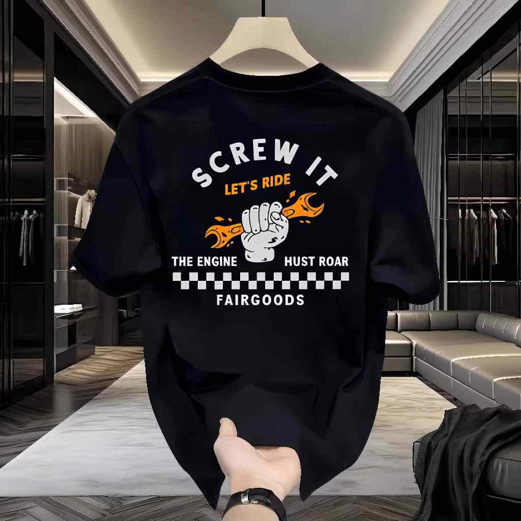 Kaos Pendek Cetak Gaya Mekanik "Screw It Let's Ride"