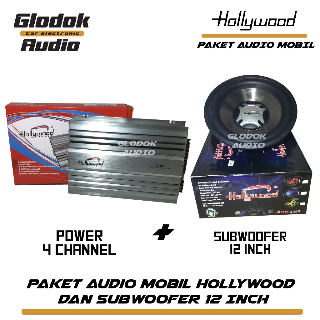 Paket Audio Mobil Hollywood Power 4 chanel dan Subwoofer 12 inch