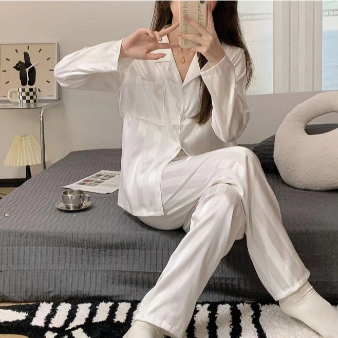 PAJAMAS Long Ice Silk Satin Korea Jepang Elegan Piyama Mewah Baju Tidur Kancing Depan Lengan Celana 
