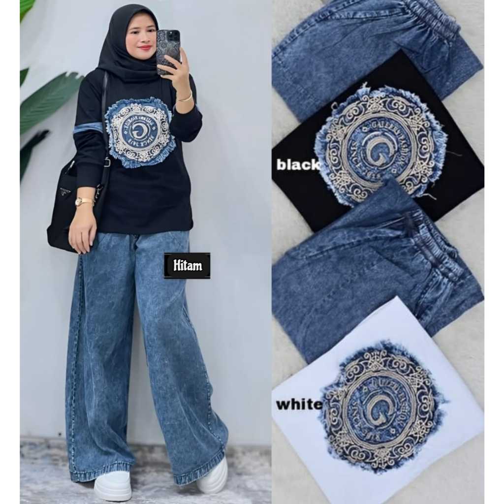Kiukiu Setelan Jeans Kaos Combad - Set Celana dan Kaos - Setcel Wanita - Celana Jeans Kulot