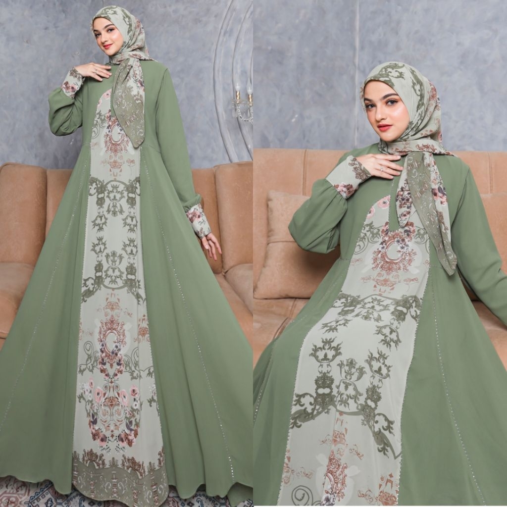 ALEEQA SERIES BY DMECCA HUMAIRA SYARI GAMIS CERUTY PREMIUM SET JILBAB KHIMAR PRINTING  DRESS MEWAH B
