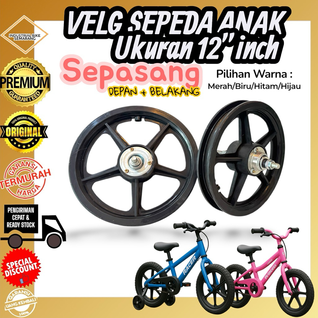( VELG RACING 12 SEPASANG ) Roda Velk 12 Inch Plastik Sepeda Anak Bmx / Mini Depan Belakang Palang