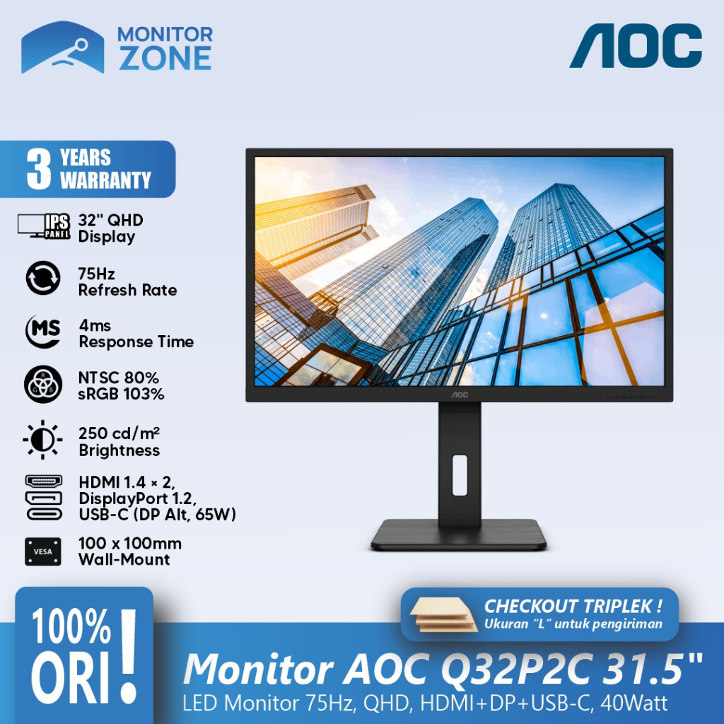 LED Monitor AOC Q32P2C 31.5" 75Hz QHD HDMI DP USB C - AOC Q32P2C/70