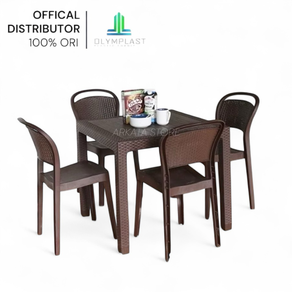 1 Set meja Makan Plastik ODT-R 80 + 4 Kursi Plastik Olymplast OL 209 / Kursi OFC / Kursi Makan Set P