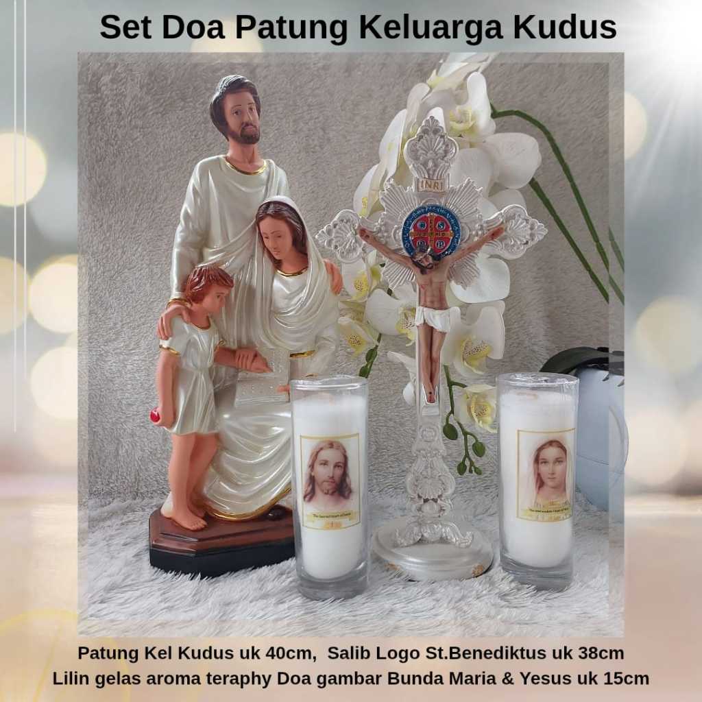 SET DOA KATOLIK LENGKAP UK BESAR,PATUNG KELUARGA KUDUS 50CM,SALIB MEJA LOGO ST BENEDIKTUS 38CM/LILIN
