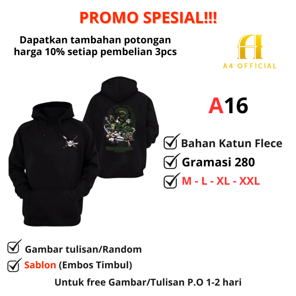 Sweater Hoodie Anime One Piece Luffy Jacket Hoodie Anime One Piece Bahan Katun Fleece Gramasi 280 - 