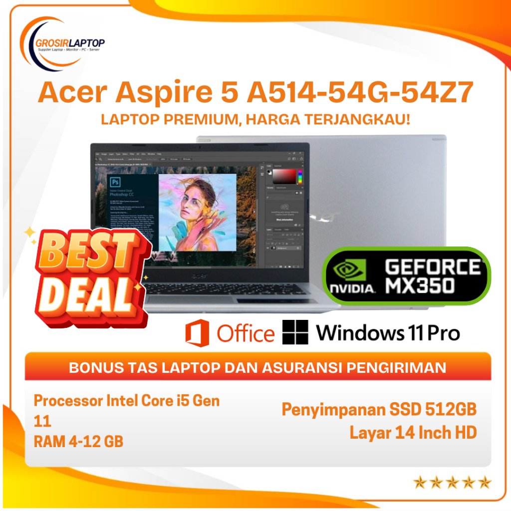 LAPTOP Acer Aspire 5 A514-54g-54z7 Core I5-1135g7 Ram 12gb Ssd 256gb VGA NVIDIA MX350 2GB 14" Hd