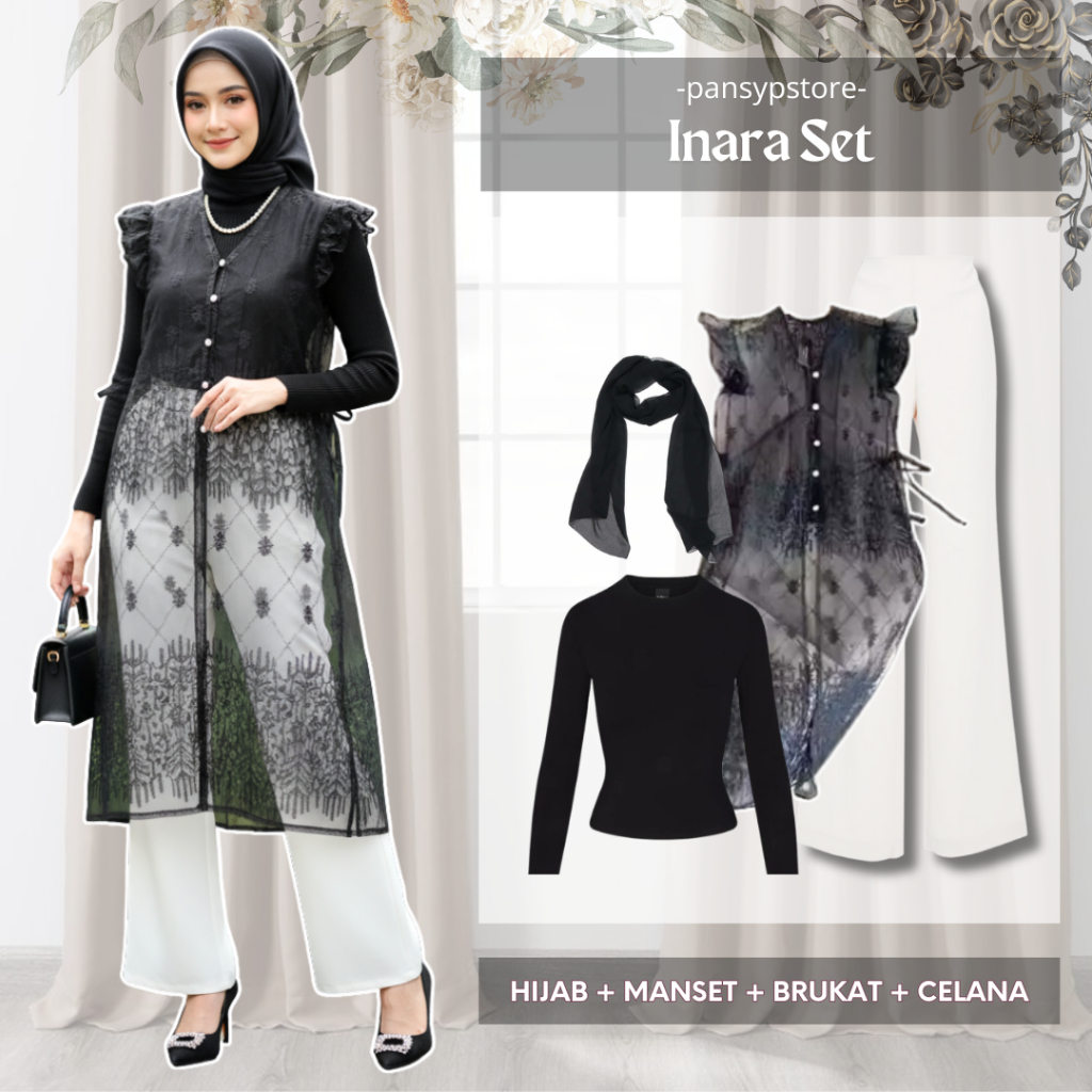Inara One Set Long Vest Brokat Celana Cutbray Manset Free Hijab Setelan Wanita Kekinian Outfit konda