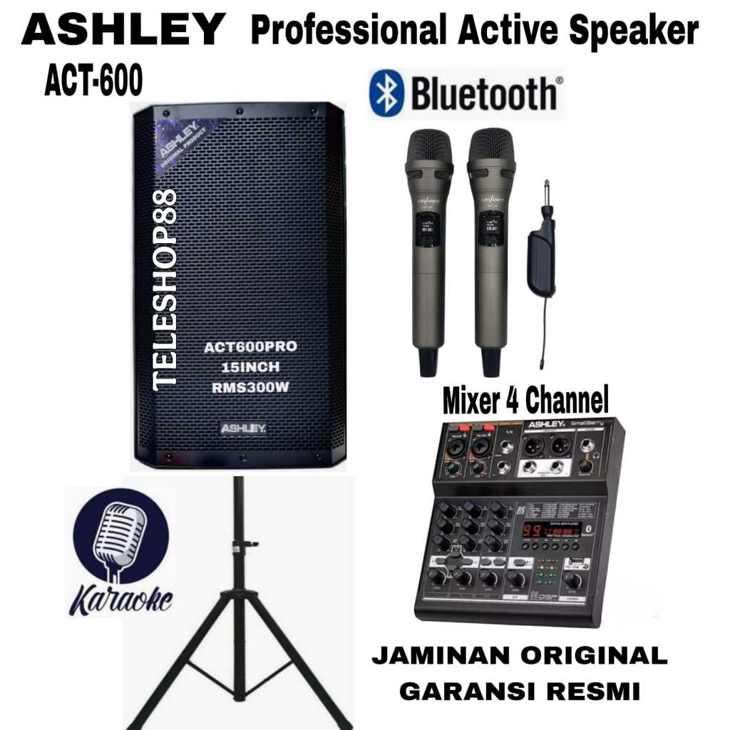Paket karaoke speaker aktif 15 inch ASHLEY ACT600PRO+mixer ashley+1 set mic wireless original