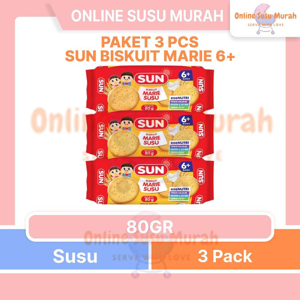 SUN PAKET 3 PCS BISKUIT MARIE SUSU 80GR TAHAP 6 + SNACK BISCUIT BAYI BISCUIT 80 GR 6+ PRLA