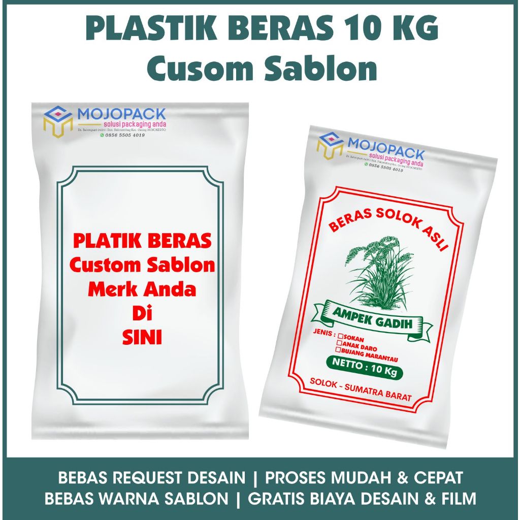 Plastik Beras 10 Kg Custom Sablon - Plastik Sablon Kemasan Beras 10Kg PE Tebal | Mojopack Sablon