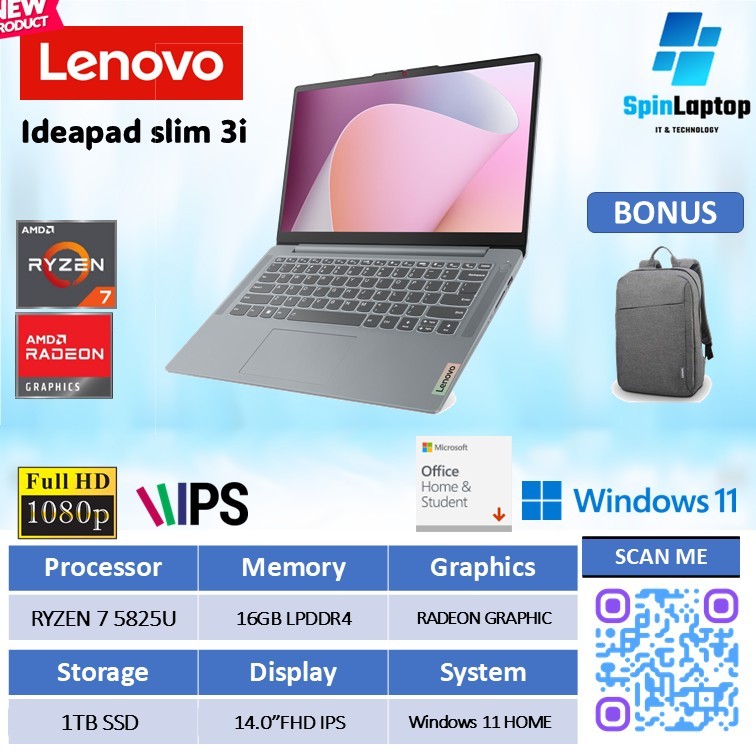 Lenovo IdeaPad Slim 3 | Ryzen 7 5825U RAM 16GB SSD 1TB Windows 11 + Office Resmi