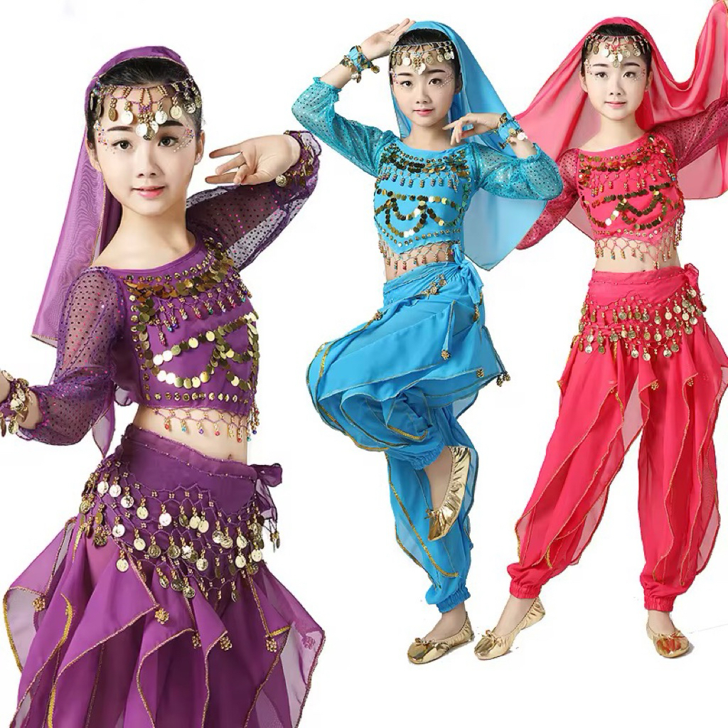 Kostum Tari India Anak Set dengan Hiasan Kepala, Kerudung, Gelang dan Belt Coin Belly Dance Costume 