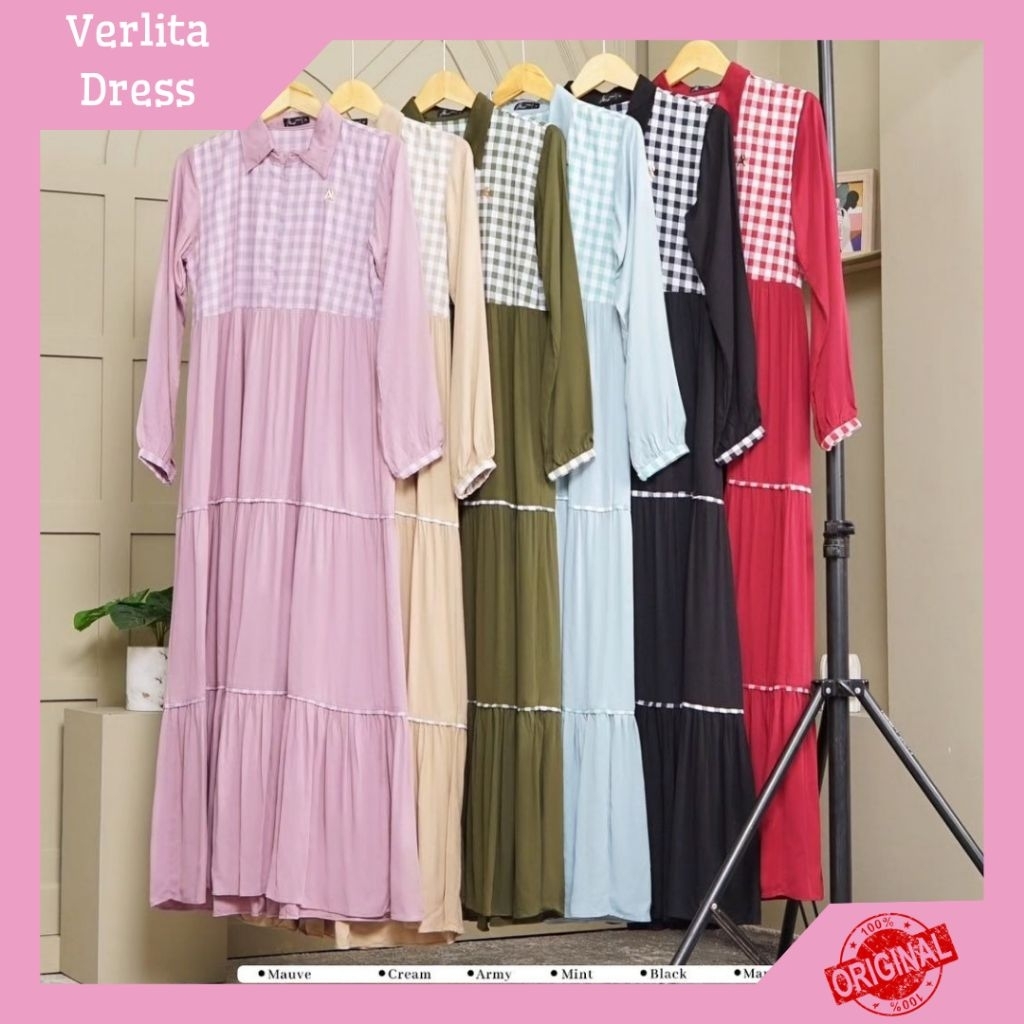 VERLITA DRESS ✓ Dress Rayon Premium Polos Variasi Kotak-kotak // Gamis Rayon wanita Busui Friendly O