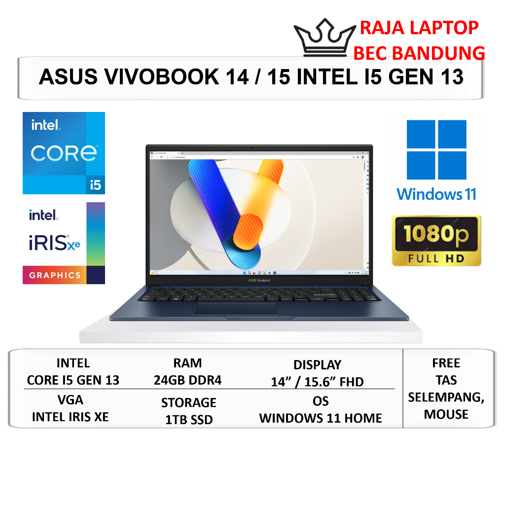 Laptop Asus Vivobook 14 15 Intel Core i5 Gen 13 Ram 16GB SSD 1TB Windows 11 Home Original