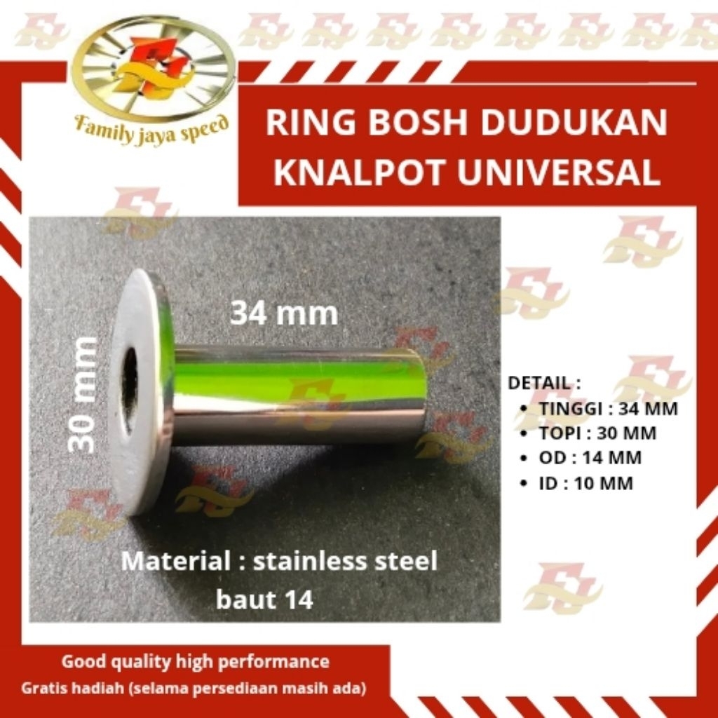 Ring bosh dudukan knalpot bos topi stainless M10  tinggi 34 mm bosh dudukan knalpot universal materi