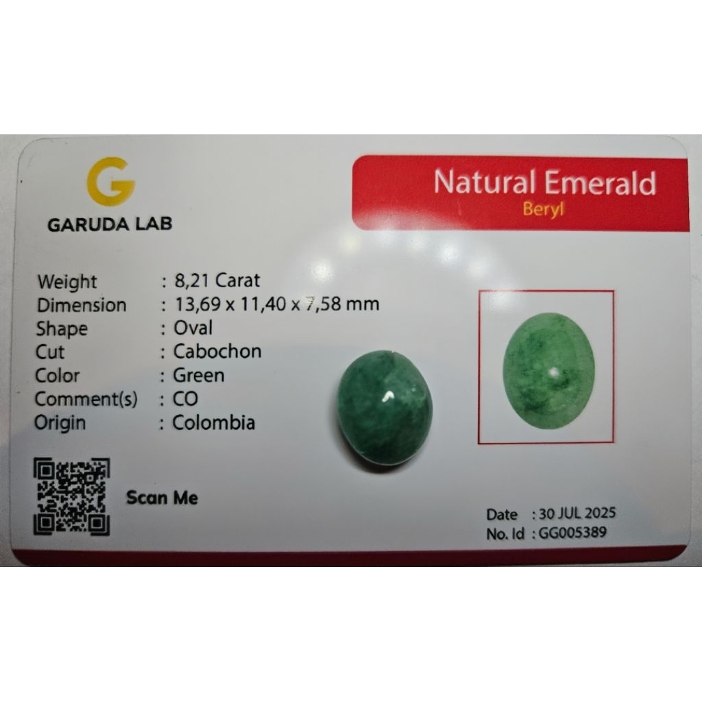 Lostun Emerald Beryl Cabochon sertifikat memo