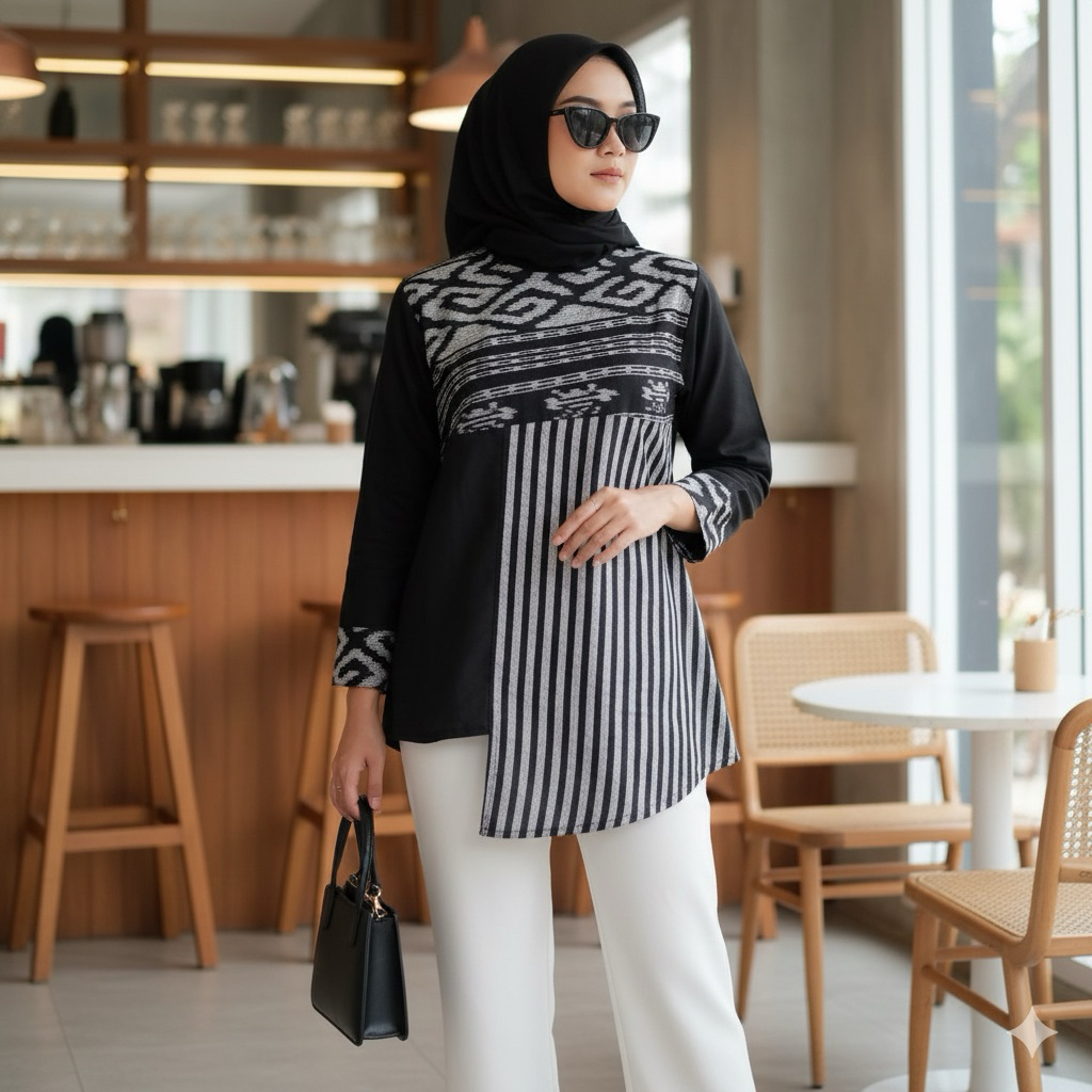 Shanaya Baju Batik Wanita Blus Tenun Kombinasi Hitam Salur Tenun Original Kombinasi toyobo blus bati