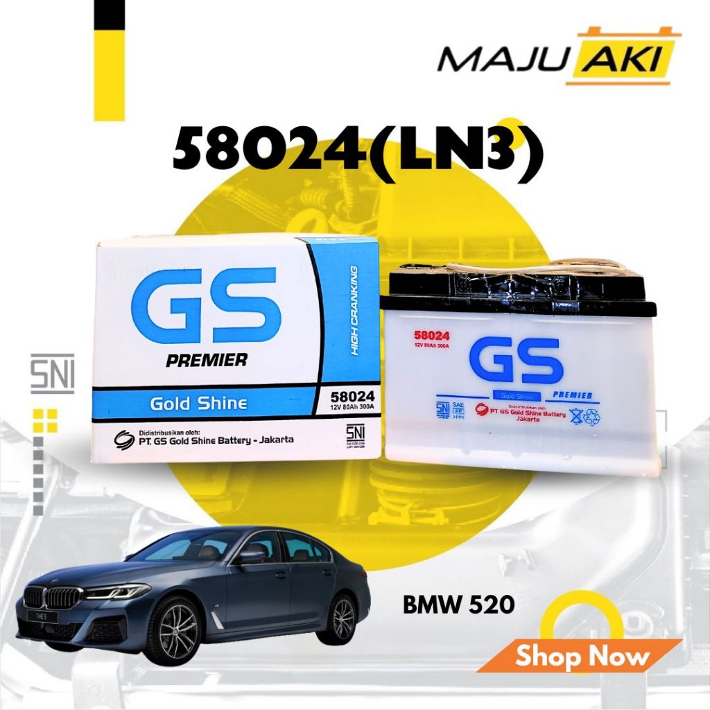 Aki Mobil BMW 520 Aki Basah GS Gold Shine Dry Charge Premier 58024 12V 80Ah