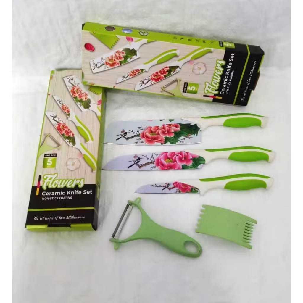 Pisau Set Knife 5in1 Motif Bunga Flower / Kitchen Knife Set Murah Portable Serbaguna / Pisau Dapur S