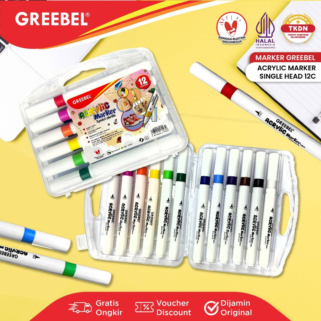 GREEBEL Spidol Warna Warni 1 Set / Spidol Marker Acrylic Single Head (12 Warna) / Spidol Warna / Ske