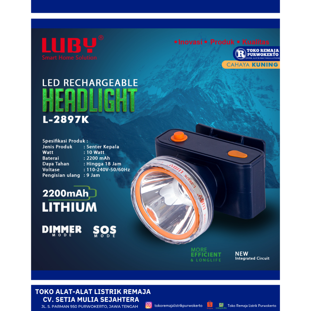 Senter Kepala 10 Watt Cahaya Kuning 2897K Luby