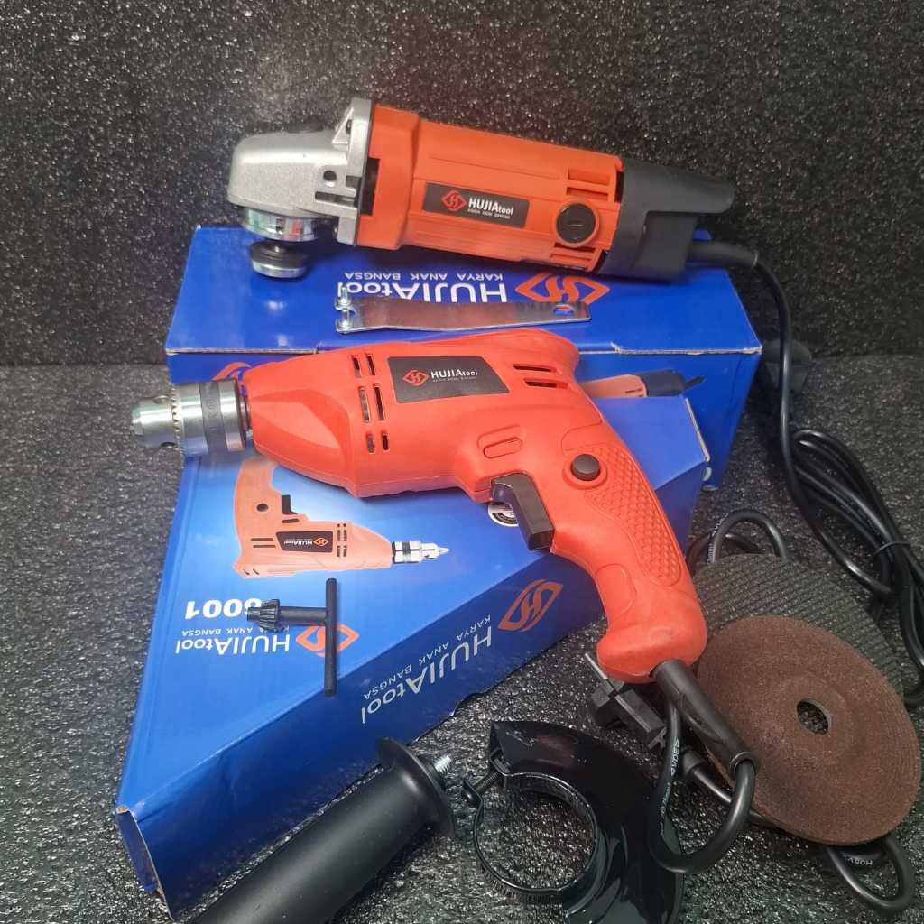 HUJIA Bor Dan Gerinda Paket Lengkap Mesin Bor Listrik Bor Tangan 10mm Mesin Gerinda Tangan 4Inch Ger