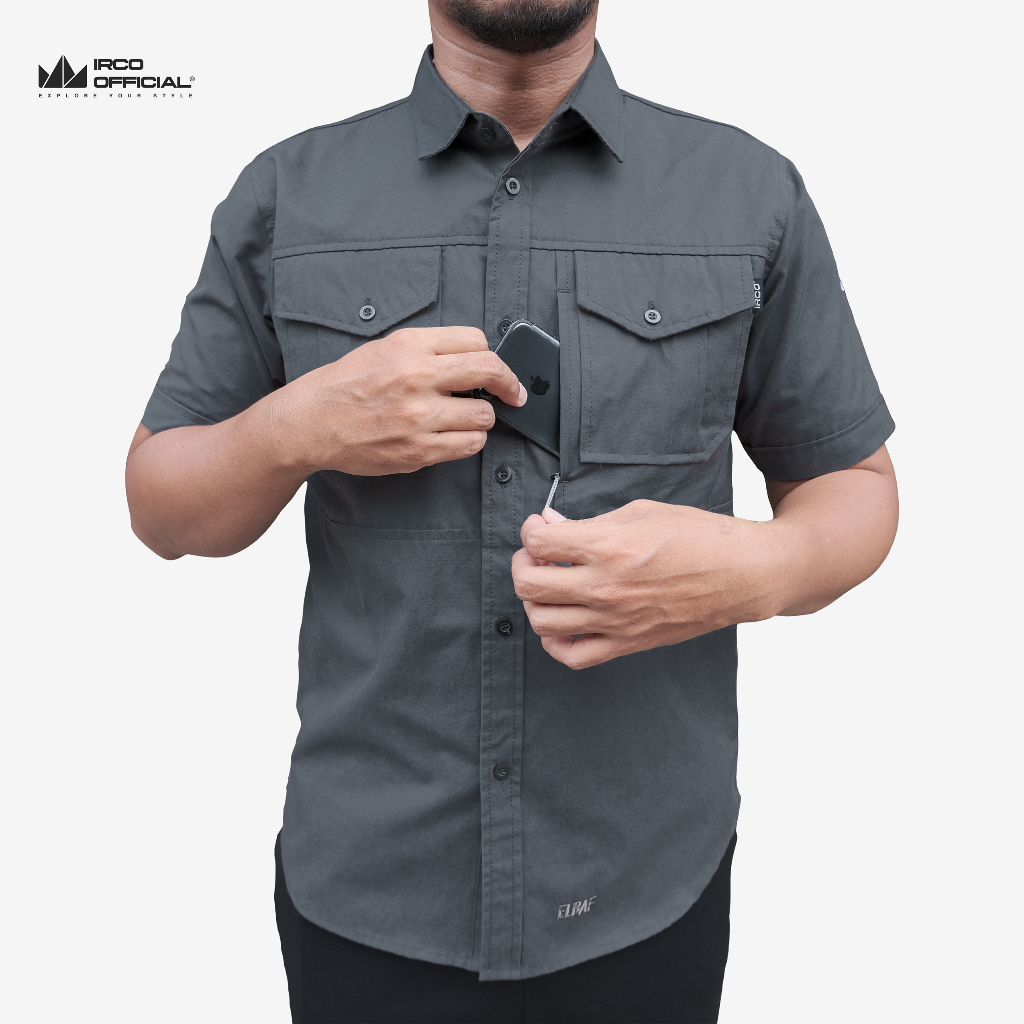 IRCO Elbaf Kemeja Outdoor Lapangan Pria Abu Lengan Pendek Twill Premium Jumbo - Baju Kerja Pdl Pdh