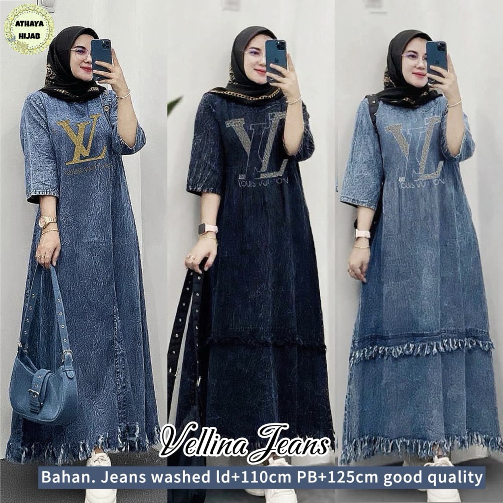 VELLINA JEANS BY ATHAYA | ADIBA GAMIS • LASHIRA • dress maxy maxi jeans wash tebal jumbo ld 120