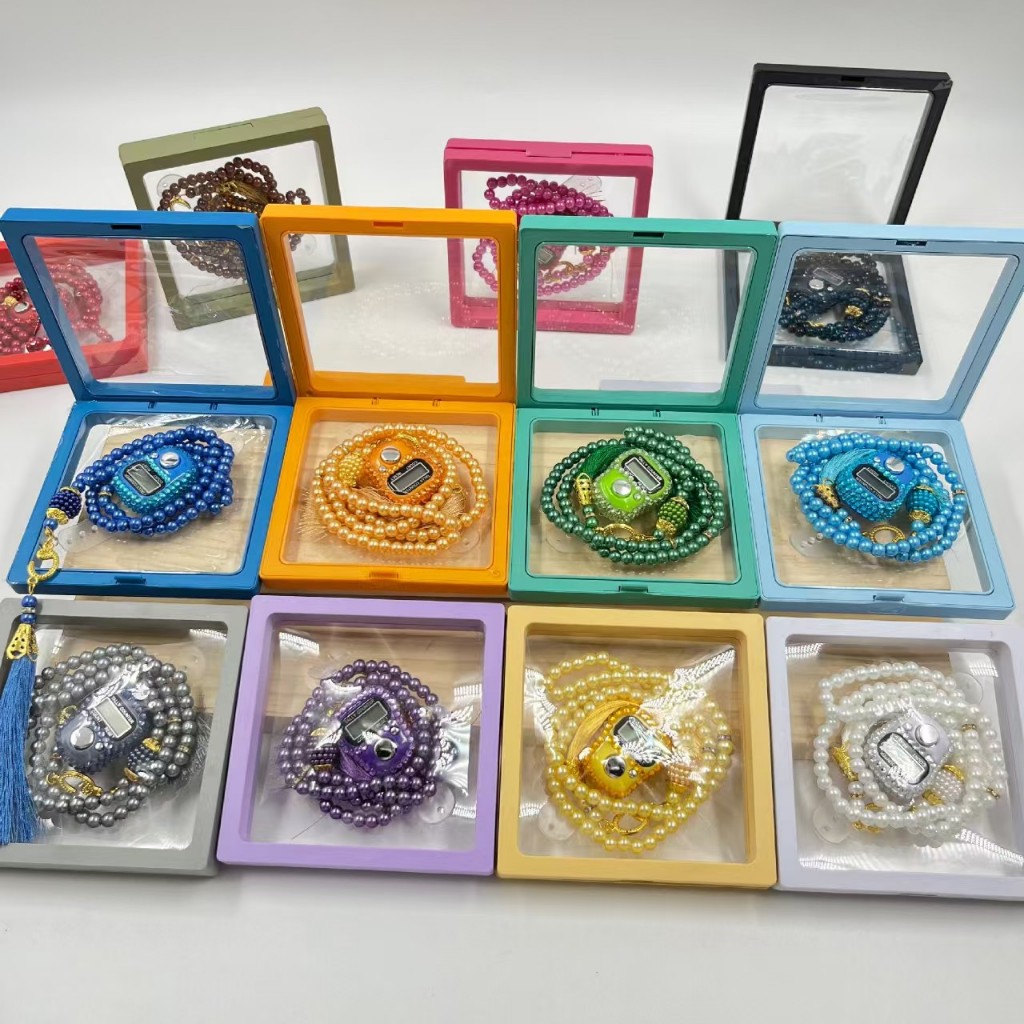 Tasbih Digital Manik-Manik Batu Permata Set dan Tasbih Mutiara Warna Pastel dengan kemasan Box
