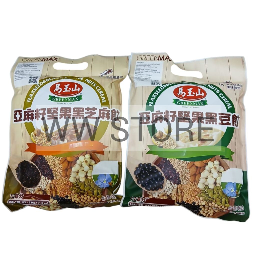 

Serbuk minuman sereal serealia flax seed dengan wijen / kedelai hitam halal Taiwan GREENMAX GREEN MAX FLAXSEED & BLACK SOYBEAN / SESAME NUTS CEREAL 336g ( 12x28g )