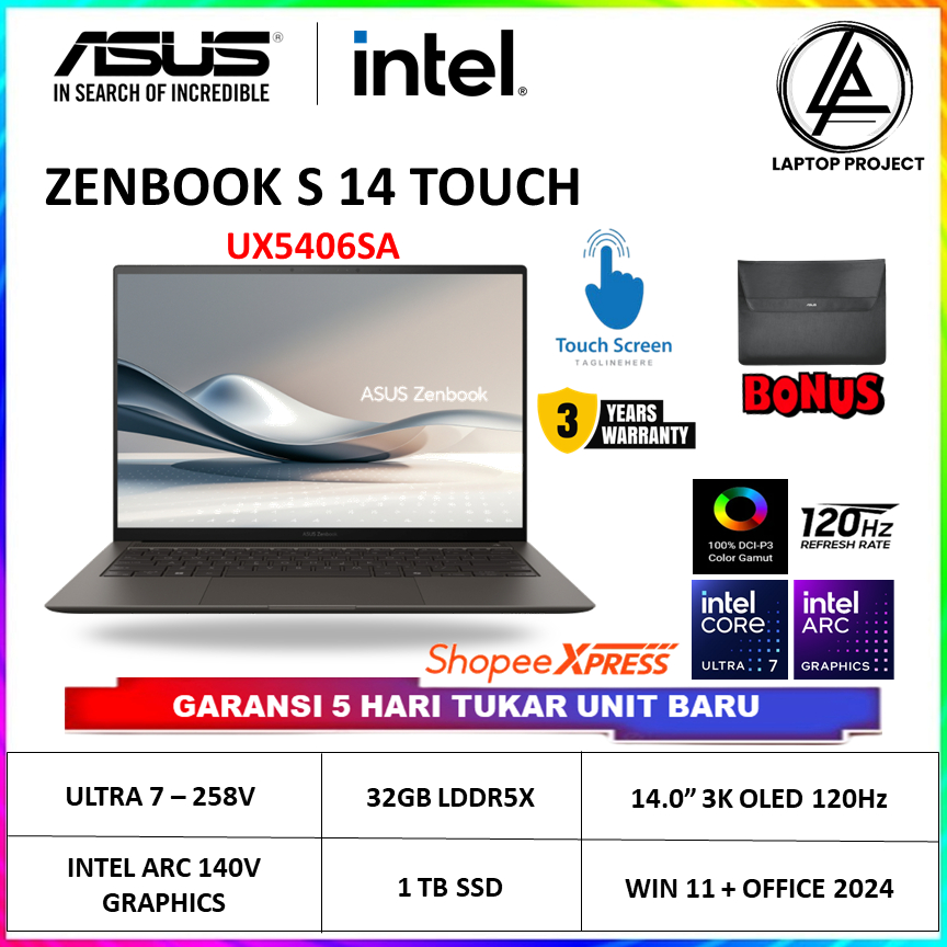 Asus Zenbook S14 OLED UX5406SA Ultra 7 258V 32GB SSD 1TB 14 Inch 3K 120Hz W11 OHS 2024 - Zenbook S14