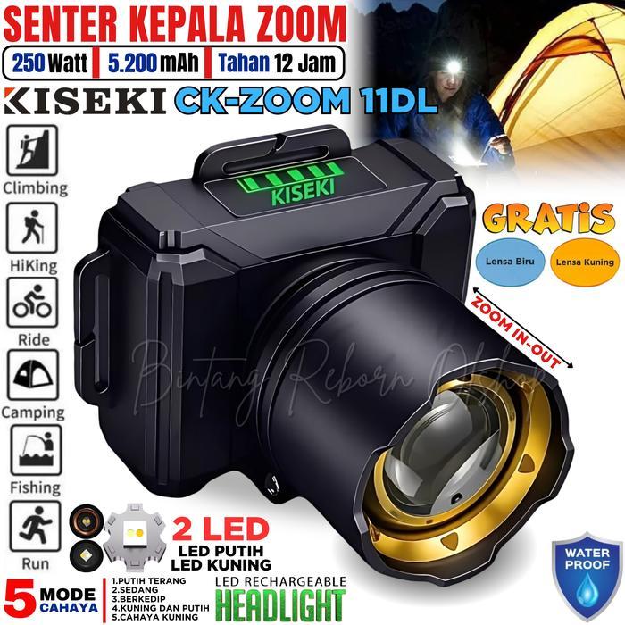 Senter Kepala Zoom 250W KISEKI CK-ZOOM 11DL Baterai Litihium 5.200mAh - Free Lensa Kuning dan Lensa 