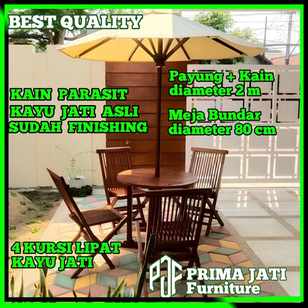 Set Meja Payung Taman Cafe Outdoor Tenda Payung 2 m  Cafe Kayu Jati 4 Kursi Lipat  kayu Jati