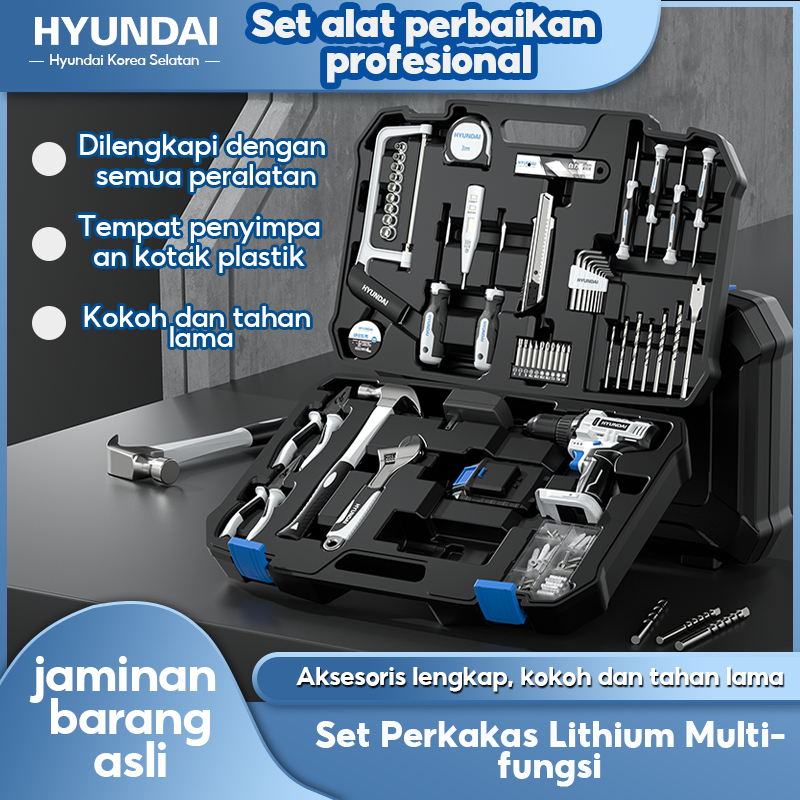 HYUNDAI Mesin Bor Listrik Set Lengkap Baterai Cordless Alat Tukang Tool Kit Tang Obeng Palu Kunci