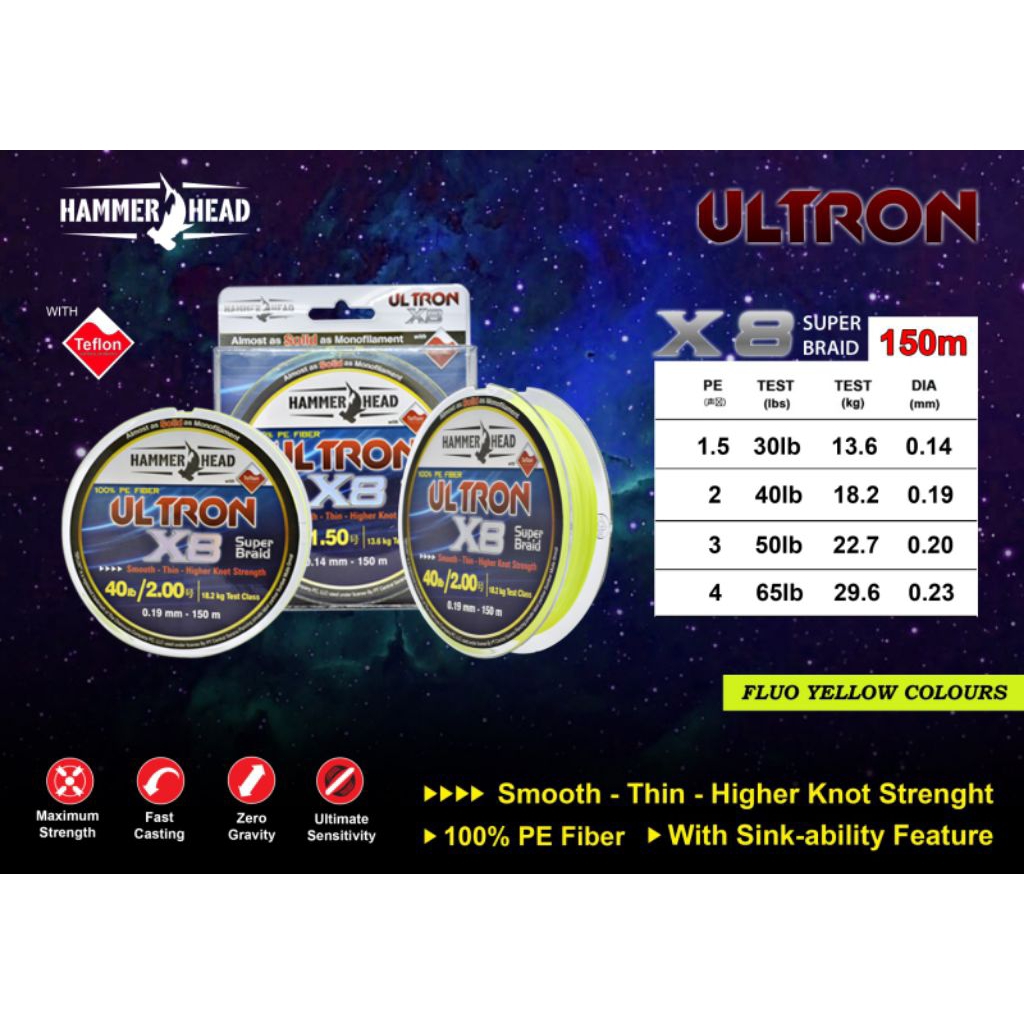 senar PE braid HAMMERHEAD ULTRON X8 150M  # TEFLON (BLACK)