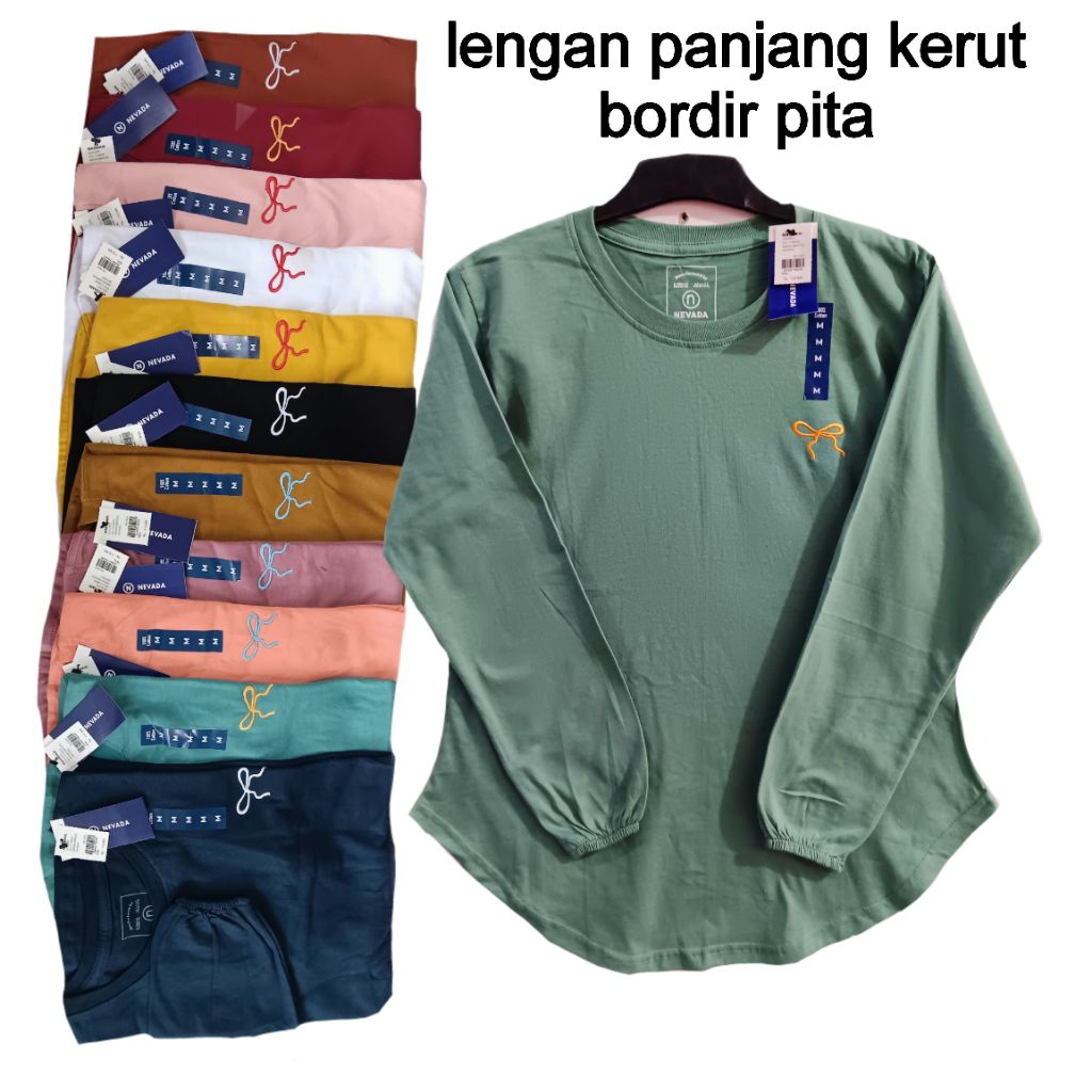 kaos wanita lengan panjang kerut bordir pita