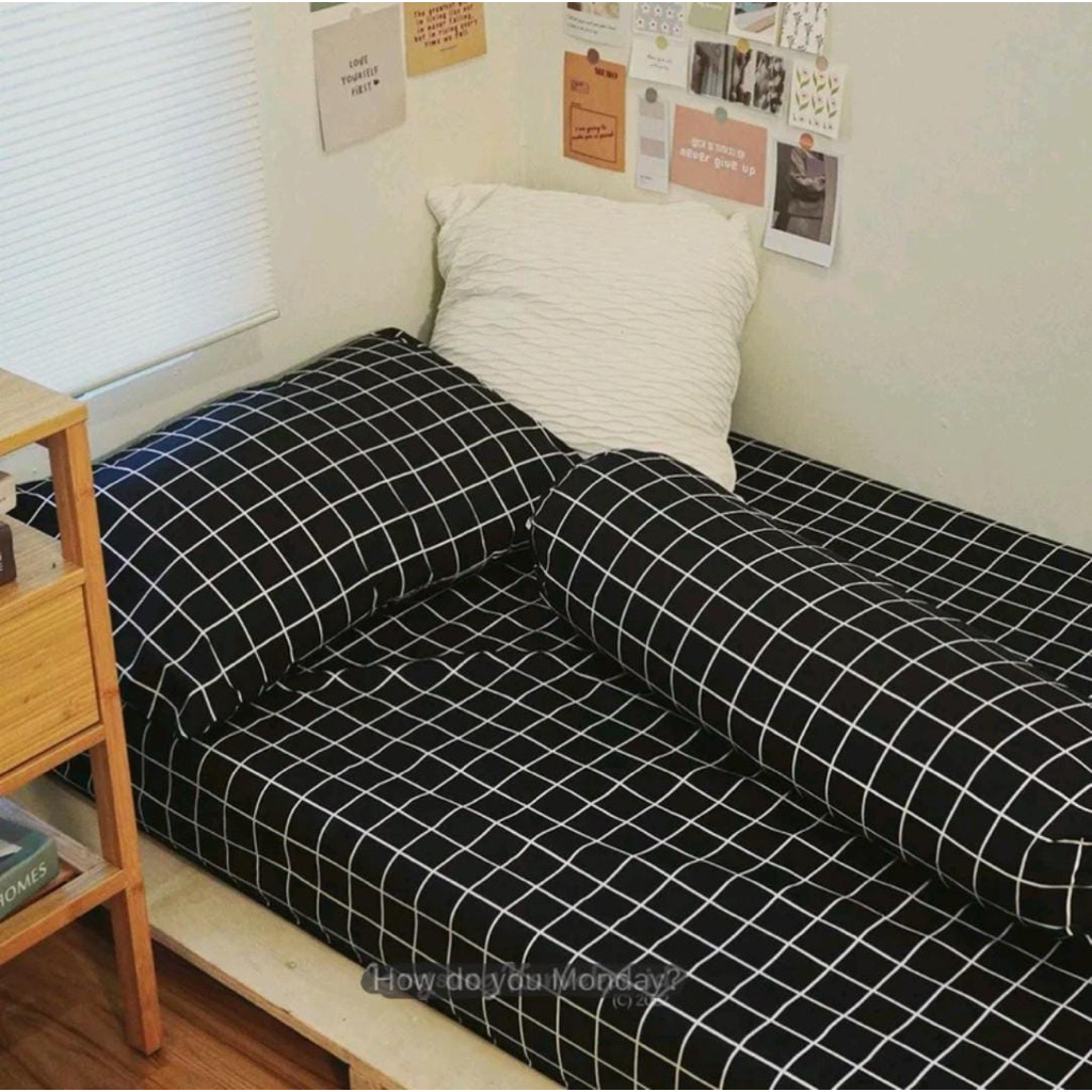sprei motif kotak hitam aesthetic | sprei kotak kotak | sprei motif