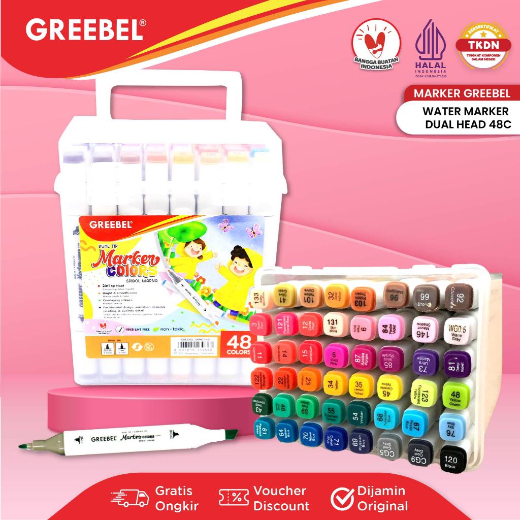 GREEBEL Spidol Warna Warni 1 Set [48 WARNA] / Water Marker Dual Head / Spidol Sketch Mewarnai Mengga