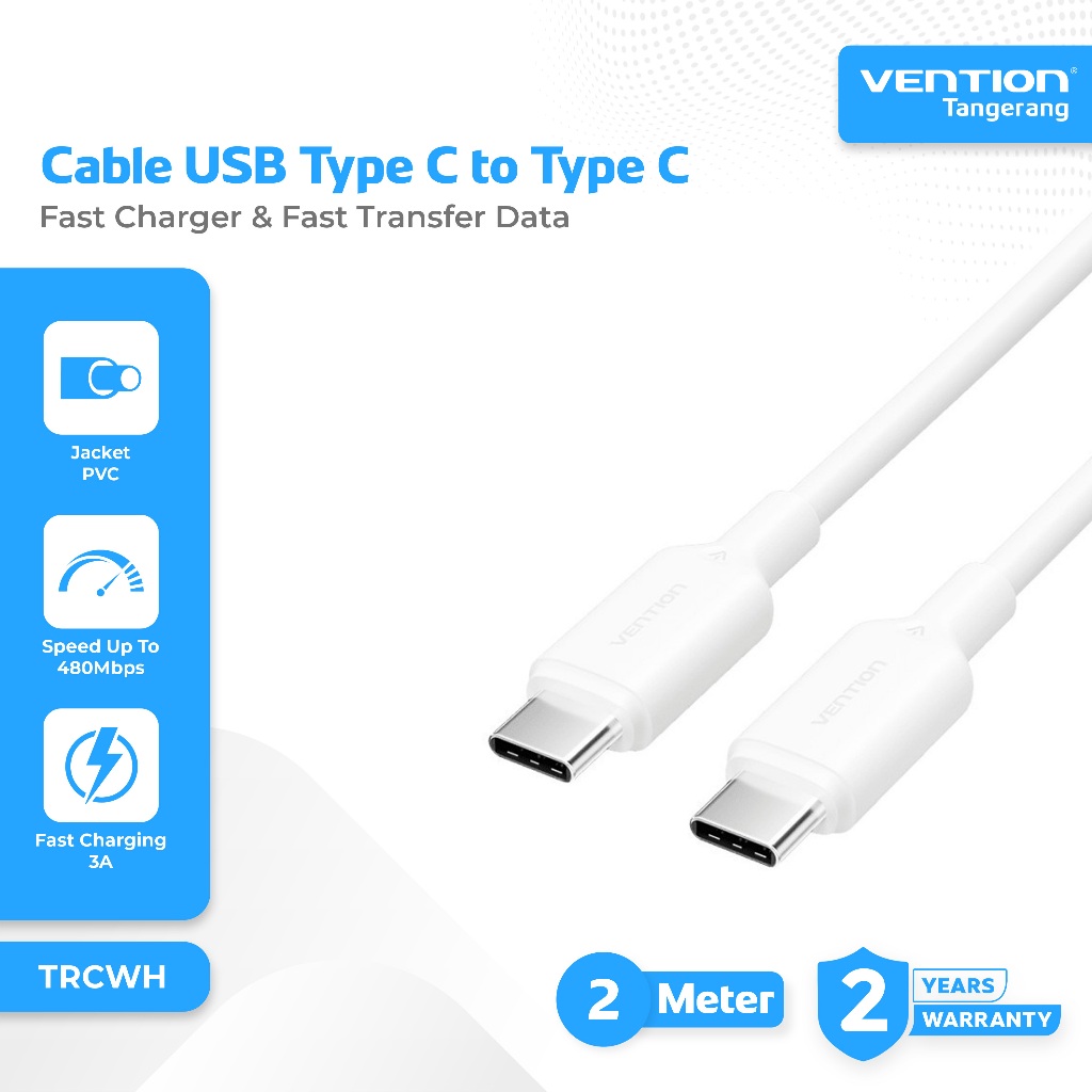 Vention Kabel Charger Data Type C to Type C 3A PD Fast Charging 60W Charger Cable 2M 2 Meter White -