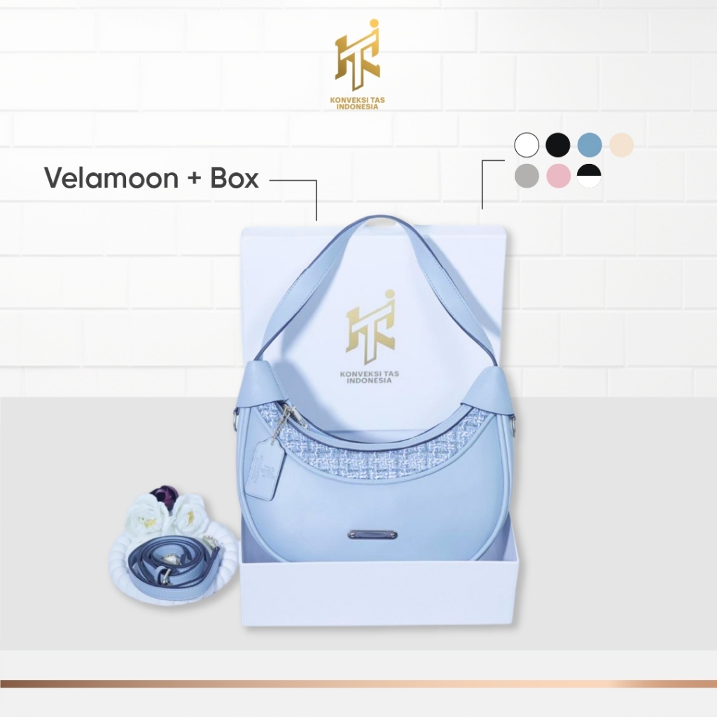 Free Box Tas Selempang Wanita Velamoon Tas Setengah Lingkaran Wanita Tweed Korea Style