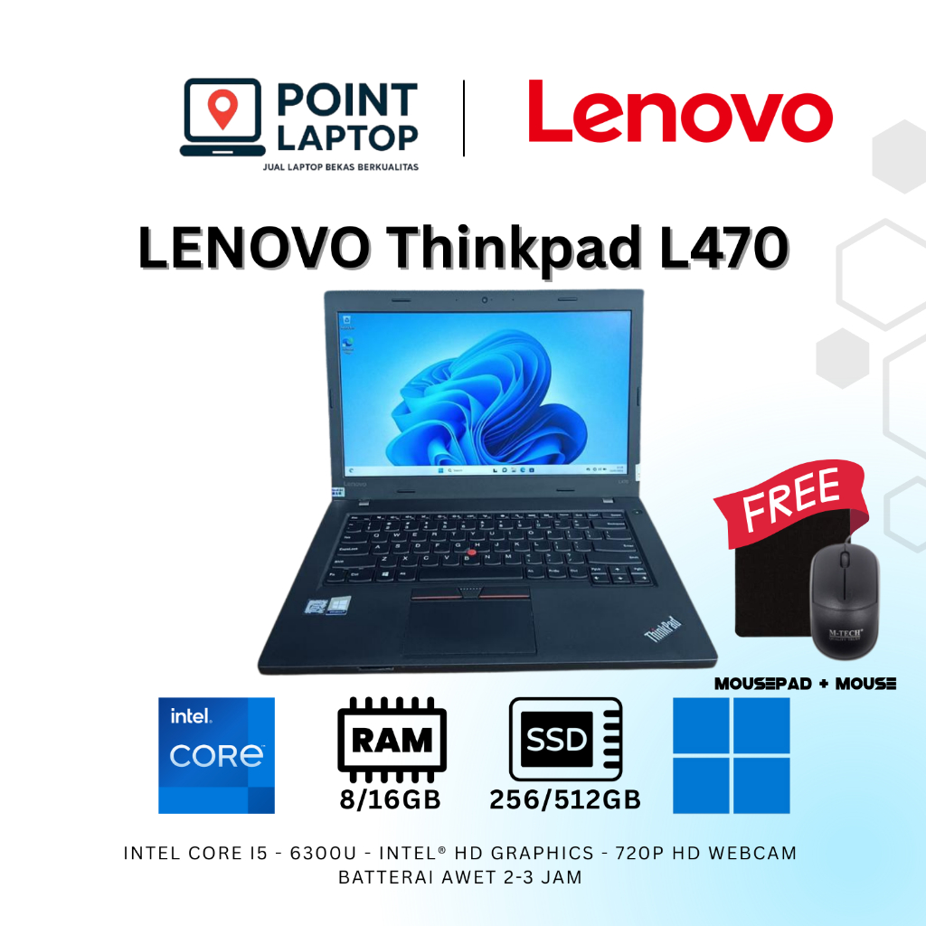 Laptop Lenovo Thinkpad T470/T470s/L470 TERMURAH core i5 gen 7 8GB 256GB SSD