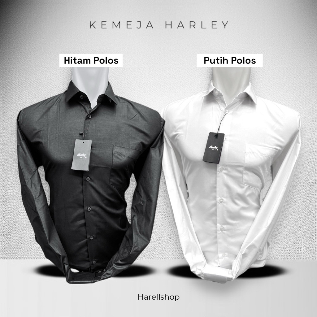 Kemeja Harley Pria Putih & Hitam Polos – Lengan Panjang dan Pendek – Kemeja Casual Forma