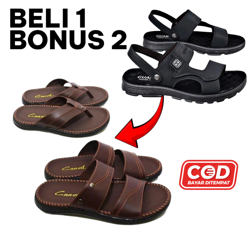 SANDAL PRIA CASUAL BELI 1 GRATIS 2 Sandal / Selop Pria / Sandal Pria Keren / Sandal Kulit / Sandal J