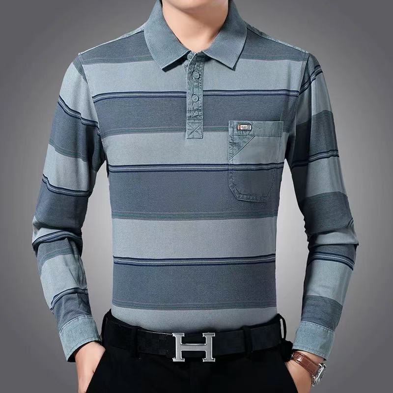 Lengan Panjang T T-shirt Pria Bisnis Kerah Garis Kasual Polo Kemeja