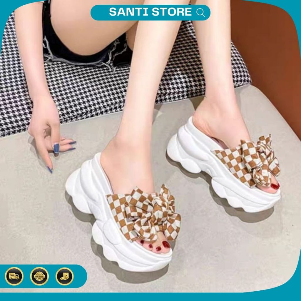 SANTI SHOES - Wedges Wanita Hak Tebal 7cm Model Slip-On Variasi Pita Kotak Kotak Bahan Sintetis Prem