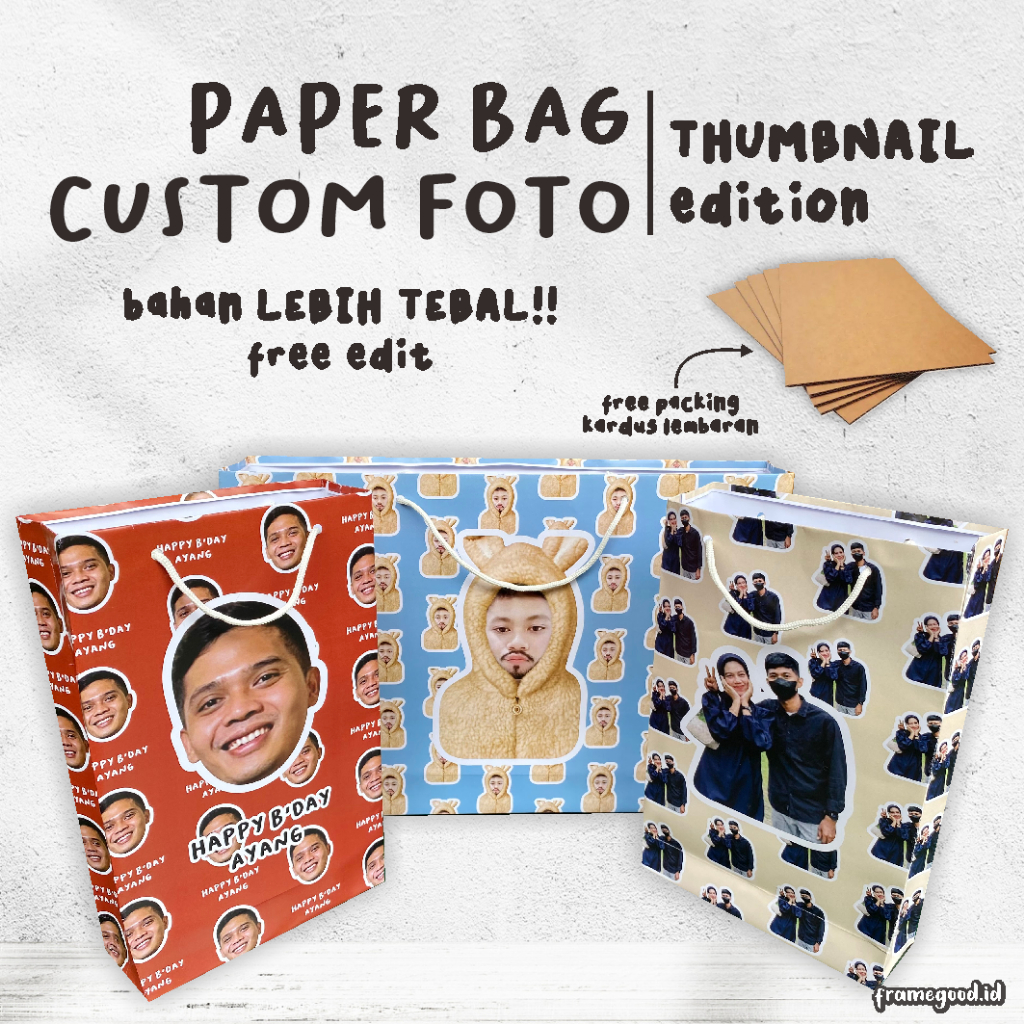 PAPERBAG CUSTOM FOTO THUMBNAIL / kertas tebal / totebag tote bag paper bag muka wajah teman free edi