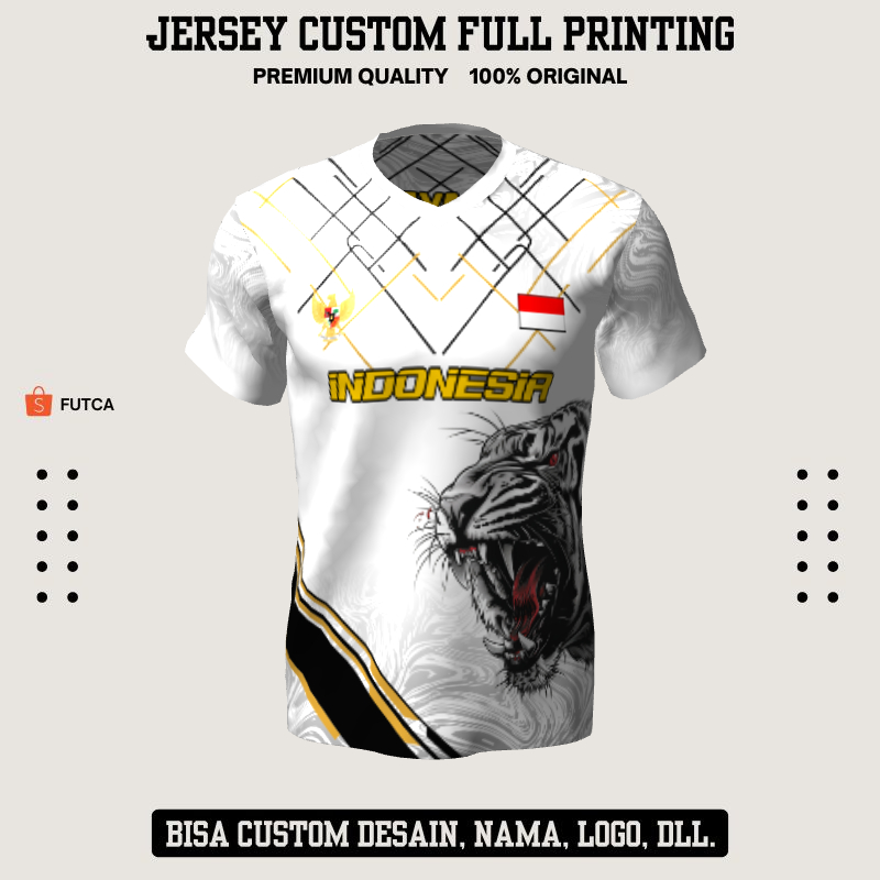 Kaos Jersey Futsal Putih Motif Harimau Abstrak Geometris 380 - Jersey Baju Olahraga Full Printing