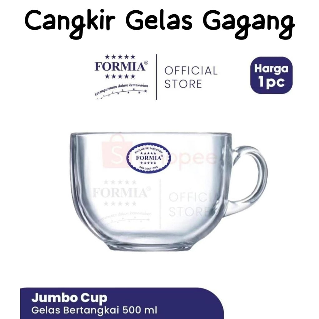Formia Jumbo Cup / Cangkir Gelas Gagang Bahan Kaca Bening / Gelas Bertangkai 500ml / Tahan Panas Din